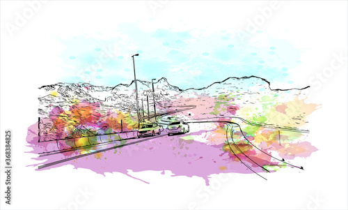 Building view with landmark of Al Ain, in the United Arab Emirates (UAE), is an inland oasis city on the eastern border with Oman. Watercolor splash with  hand drawn sketch illustration in vector.