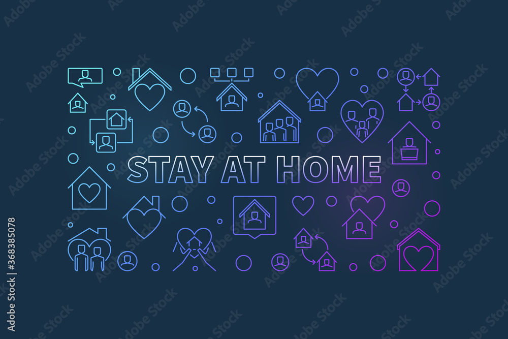 Vector Stay at Home concept colorful line horizontal banner or illustration on dark background