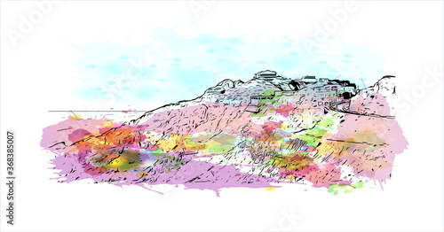 Building view with landmark of Al Ain, in the United Arab Emirates (UAE), is an inland oasis city on the eastern border with Oman. Watercolor splash with  hand drawn sketch illustration in vector.