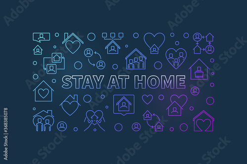 Vector Stay at Home concept colorful line horizontal banner or illustration on dark background