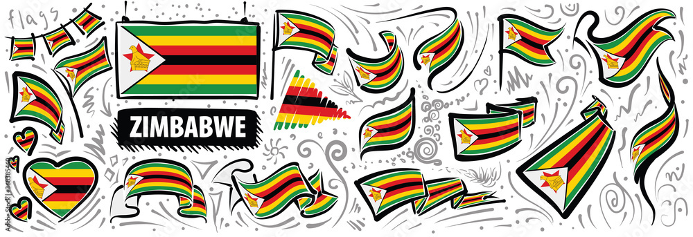 Vector set of the national flag of Zimbabwe in various creative designs
