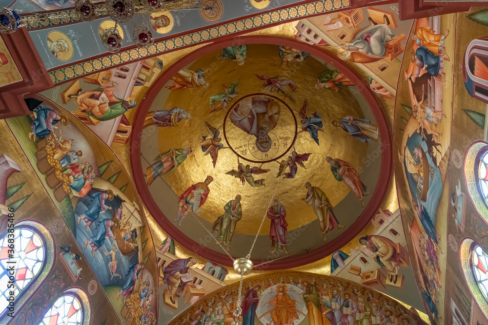 The ceiling dome with religious drawings in the Church of the Apostles located on the shores of the Sea of Galilee, not far from Tiberias city in northern Israel