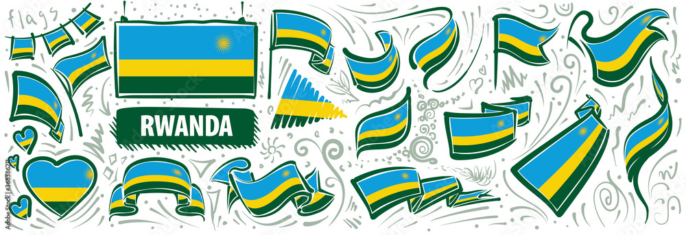 Vector set of the national flag of Rwanda in various creative designs
