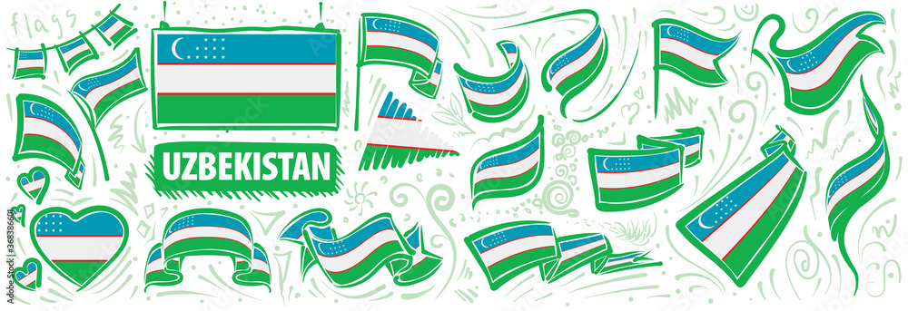 Vector set of the national flag of Uzbekistan in various creative designs