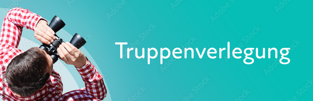 Naklejka premium Truppenverlegung. Mann mit Fernglas aus Vogelperspektive. Beobachtung, Draufsicht, Panorama. Business Text auf blau. Statistik, Wirtschaft