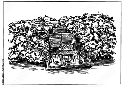 Drawing of the Hanoi temple along the lake in Vietnam 