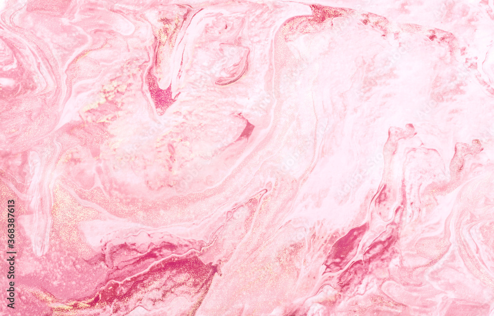 Fototapeta premium Abstract realistic liquid paint Marbling effect, fluid art technique of splashes, flows and strokes of paint. Acrylic pink backdrop texture for fabric, packaging, wallpaper, covers, wrapper