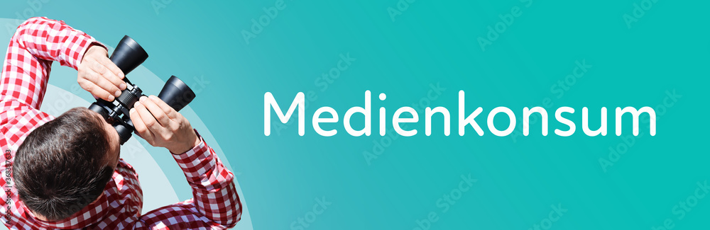 Naklejka premium Medienkonsum. Mann mit Fernglas aus Vogelperspektive. Beobachtung, Draufsicht, Panorama. Business Text auf blau. Statistik, Wirtschaft