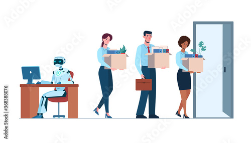 Artificial intelligence replaced humans, they lost their jobs due to robotics. A robot is in the workplace and people are fired. Business people, Europeans and Africans. Flat vector ai, isolated.