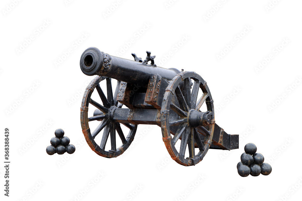 An ancient cannon with cores. Isolated on white. An ancient cannon with cores. Isolated on white.