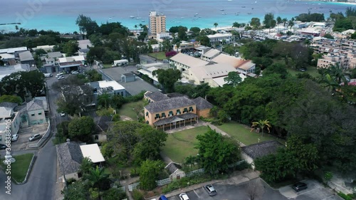 Drone camera approaching George Washington House in Bridgetown, Barbados