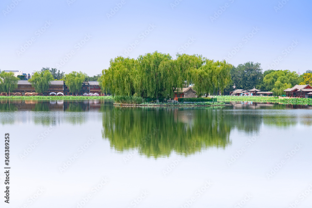 Summer in Shichahai, Beijing, China. Beautiful Shichahai Lake Island and sparkling lake water