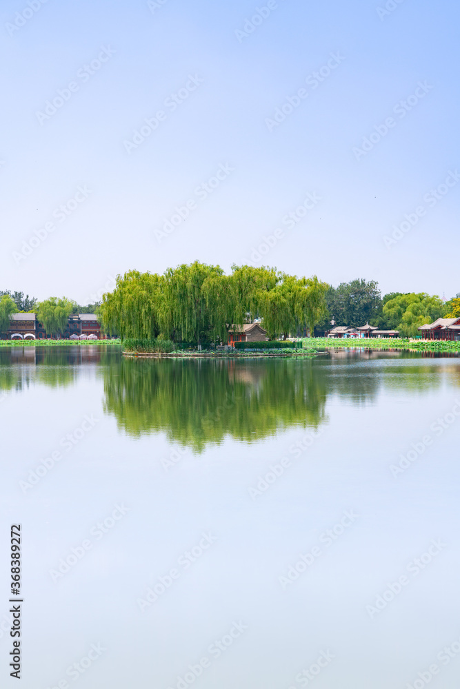 Summer in Shichahai, Beijing, China. Beautiful Shichahai Lake Island and sparkling lake water
