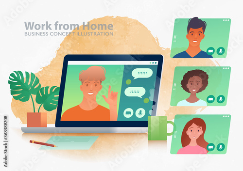 Work from home concept illustration with a business discussion between coworkers via video Call app on the laptop computer.