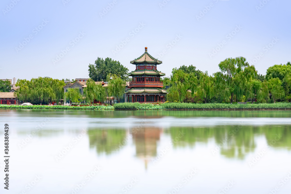 Wanghai tower by Shichahai lake, Beijing, China. Beautiful Shichahai and sparkling Lake Wanghai tower by Shichahai lake, Beijing, China. Beautiful Shichahai and sparkling Lake