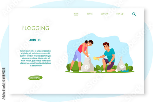 Plogging concept. Sports couple collects plastic bottles, garbage and other waste in trash bag for recycling. Eco friendly, health care banner, landing page. Vector character illustration.