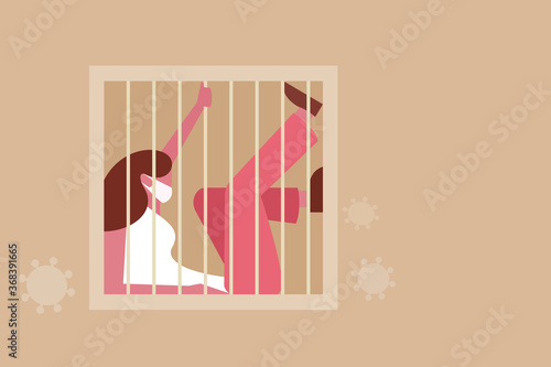 Conceptual illustration of a woman wearing mask sitting inside a grilled window. Concept of social life during covid-19 pandemic