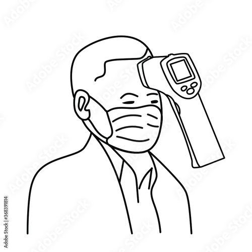 Body temperature check use gun scanner digital thermometer or contactless infrared thermometer for covid-19 outbreak. Illustration showing body temperature check icon. Vector in white background