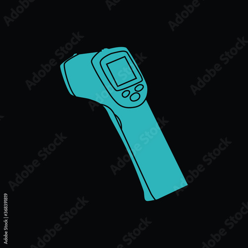 Body temperature check use gun scanner digital thermometer or contactless infrared thermometer. Outline and flat vector. Blue background