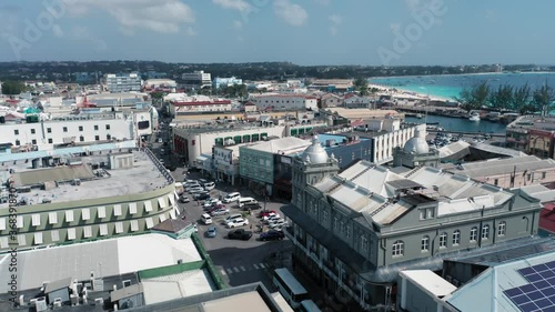 Drone shot rooftops, solar panels and colonial architecture of Bridgetown, Barbados