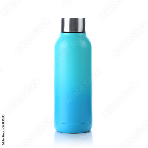 Blank blue gradient trendy closed travel flask. Empty traveler bottle & drink container template isolated on white background. Thermo mug for hot or cold beverage, tea & coffee. For mockup & branding.
