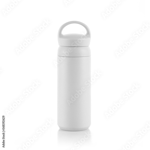 Blank white trendy closed travel flask. Empty traveler bottle & drink container template isolated on white background. Thermo mug for hot or cold beverage, water, tea & coffee. For mockup & branding.