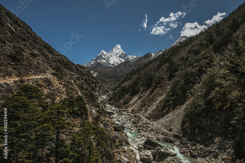 Everest base camp trekking. high mountains in Nepal. blue sky. high altitude landscape. High quality mountain river. © Surfinglens