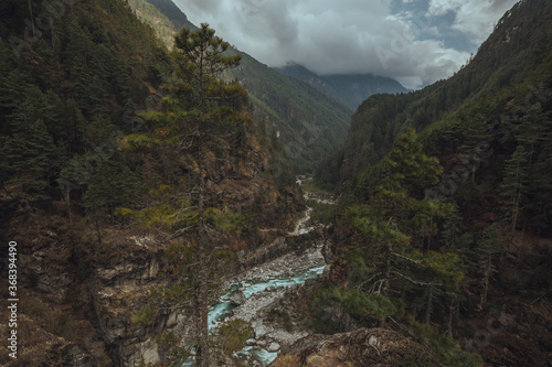 Everest base camp trekking. high mountains in Nepal. blue sky. high altitude landscape. High quality mountain river. photo