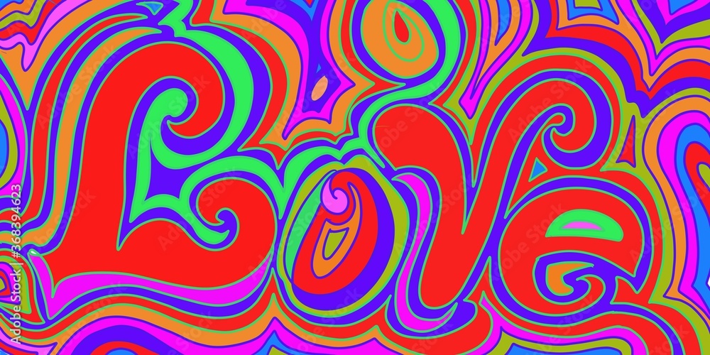 LOVE script lettering word in hippie, retro 70's 80's style of lines, scroll, swirls outline hand drawn art multicolor rainbow red, blue yellow, pink ,green LOVE script lettering word in hippie, retro 70's 80's style of lines, scroll, swirls outline hand drawn art multicolor rainbow red, blue yellow, pink ,green