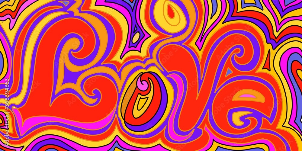 LOVE script lettering word in hippie, retro 70's 80's style of lines, scroll, swirls outline hand drawn art multicolor rainbow red, blue yellow, pink ,green LOVE script lettering word in hippie, retro 70's 80's style of lines, scroll, swirls outline hand drawn art multicolor rainbow red, blue yellow, pink ,green