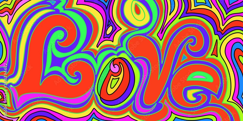 LOVE script lettering word in hippie, retro 70's 80's style of lines, scroll, swirls outline hand drawn art multicolor rainbow red, blue yellow, pink ,green LOVE script lettering word in hippie, retro 70's 80's style of lines, scroll, swirls outline hand drawn art multicolor rainbow red, blue yellow, pink ,green