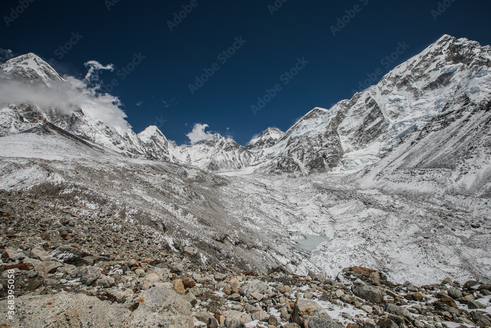 Everest base camp trekking. high mountains in Nepal. Snow summits. blue sky. high altitude landscape. High quality photo