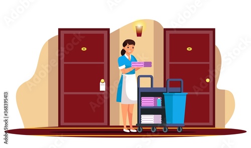 Vector young woman maid hotel staff in hallway