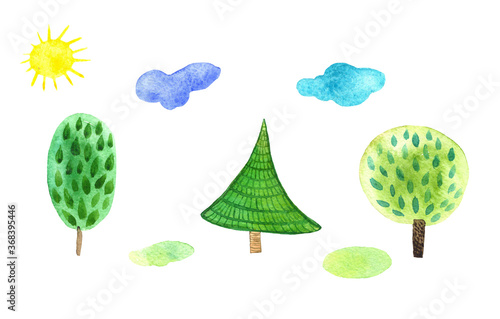 Watercolor illustration, set of trees, clouds, nature, forest, sun, handmade