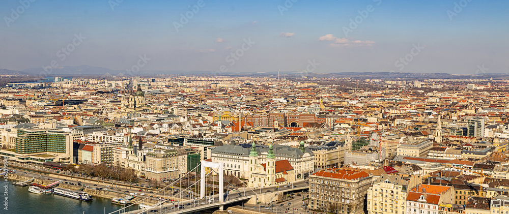 Hungary Budapest March 2018. View of the European city of Budapest and the Erzhebet (Elizabeth) bridge over the Danube river cityscape