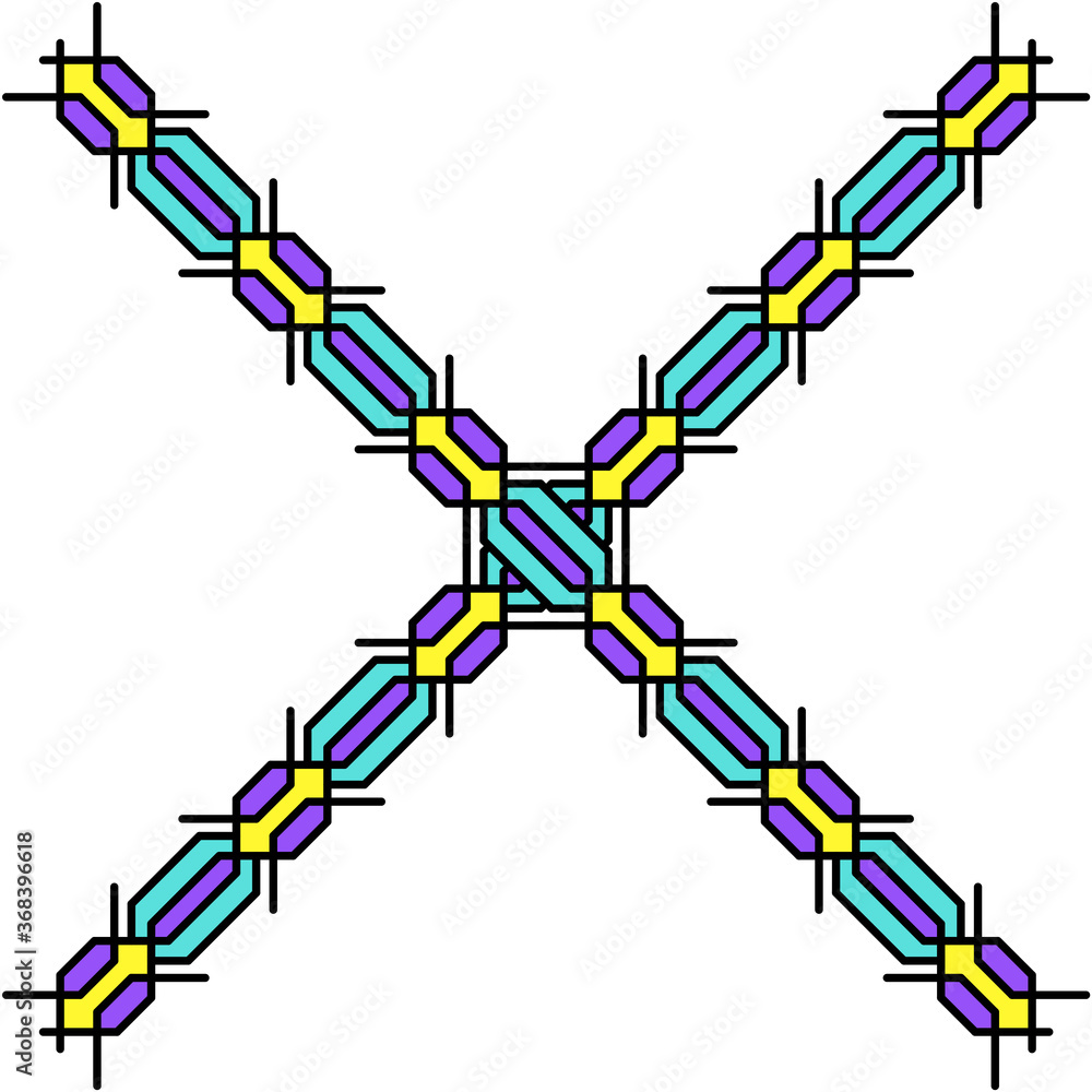 Fototapeta premium Variants of a braided pigtail pattern made on grid cells on a white background. The pattern resembles the shape of a knitted pigtail, and makes up squares, circles, and other geometric shapes