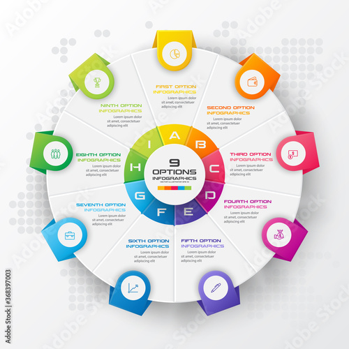 Circle chart infographic template with 9 options,Vector illustration.