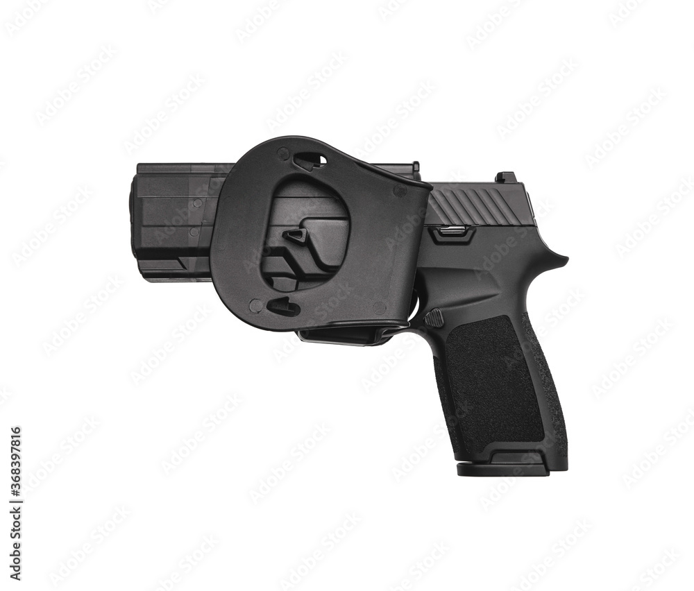 Modern semi-automatic pistol isolate on a white background. Armament for the army and police. Short-barreled weapon Modern semi-automatic pistol isolate on a white background. Armament for the army and police. Short-barreled weapon