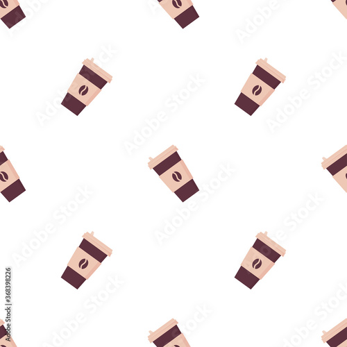Seamless pattern with disposable cup for coffee to go. Paper mug with coffee bean icon. Vector illustration in flat style on white background