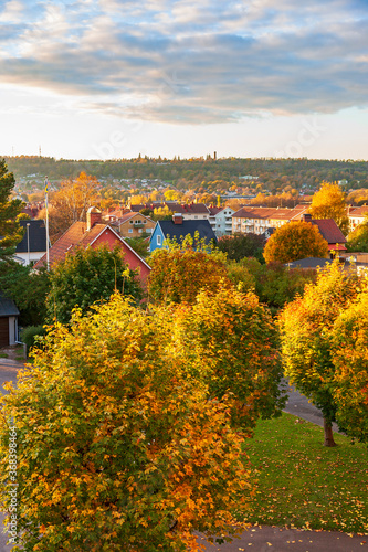 Cityscape view with colourful autumn trees