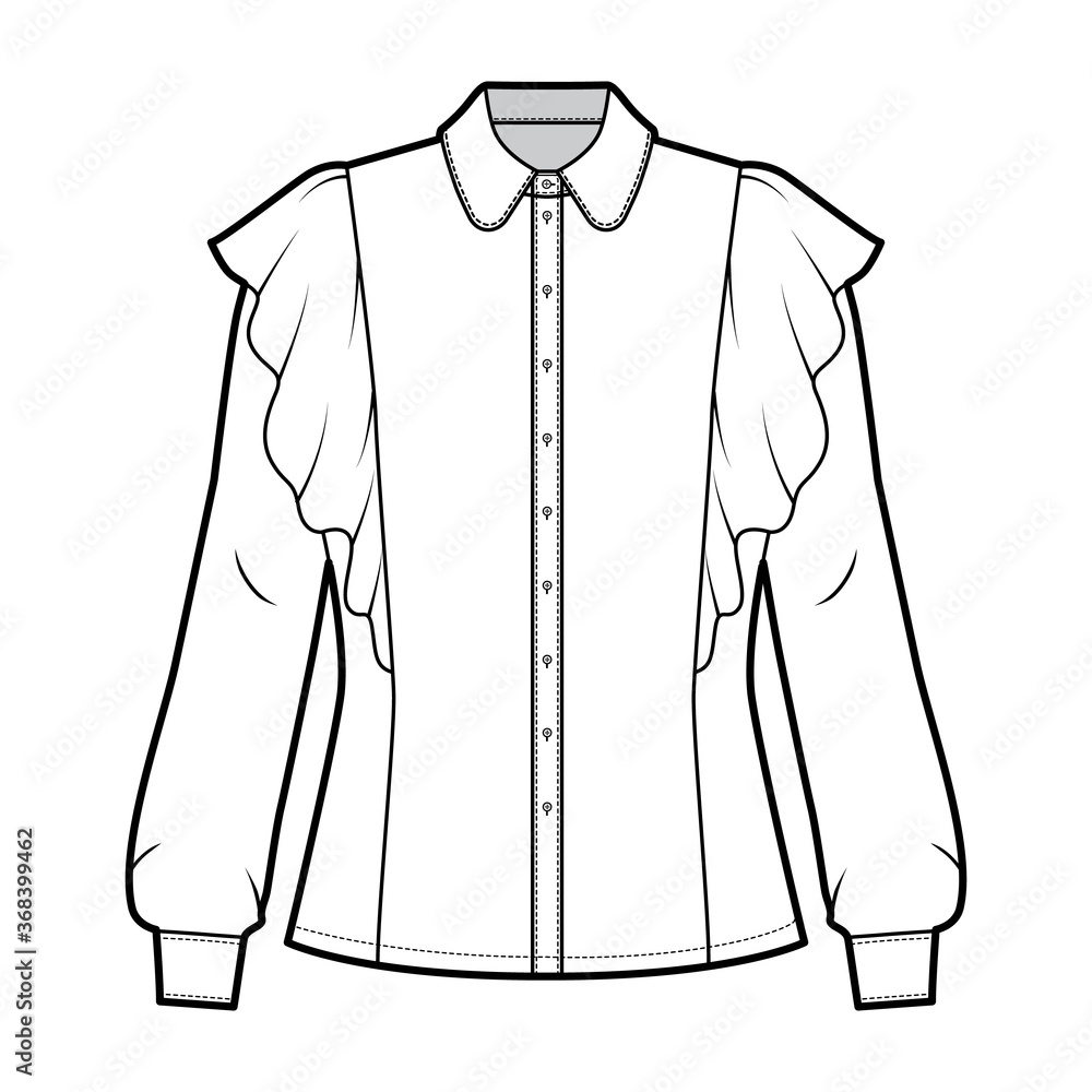 Shirt technical fashion illustration with fitted body, round collar with stand, ruffled and long sleeves with cuff. Flat blouse apparel template front, white color. Women, men top unisex CAD mockup Shirt technical fashion illustration with fitted body, round collar with stand, ruffled and long sleeves with cuff. Flat blouse apparel template front, white color. Women, men top unisex CAD mockup