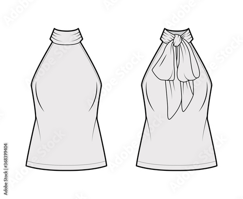 Halterneck top technical fashion illustration with semi-fitted body, ties pussy-bow at neck, sleeveless. Flat blouse apparel template front, back, grey color. Women, men unisex shirt CAD mockup