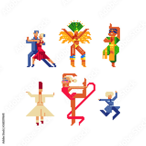 People from different countries dancing national dances pixel art character, Brazilian and indian dancer, tango and сaucasus dance man, isolated vector illustration. Design stickers, app, logo. 