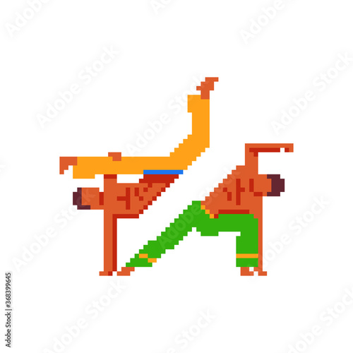 Capoeira dancer, fighter pixel art icon. Two fighter Brazilian national struggle capoeira show their skills. Design for stickers, logo and mobile app. Isolated vector illustration. Game assets 8-bit.