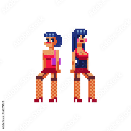 Nightclub girl, lady Pixel art character. isolated vector illustration. Game assets 8-bit sprite. Design for stickers.