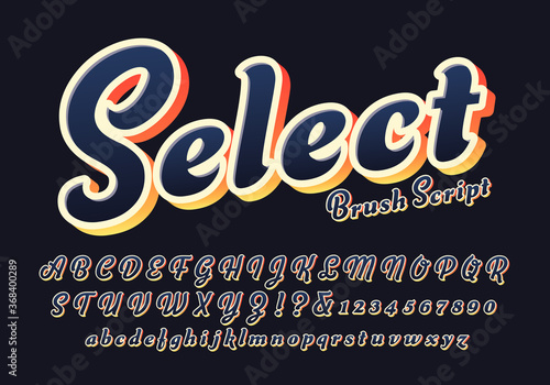Vector Font Alphabet in a Brush Script Style with Gradient, Outline, and 3d Enhancements; Modern, Yet Retro, Styling.