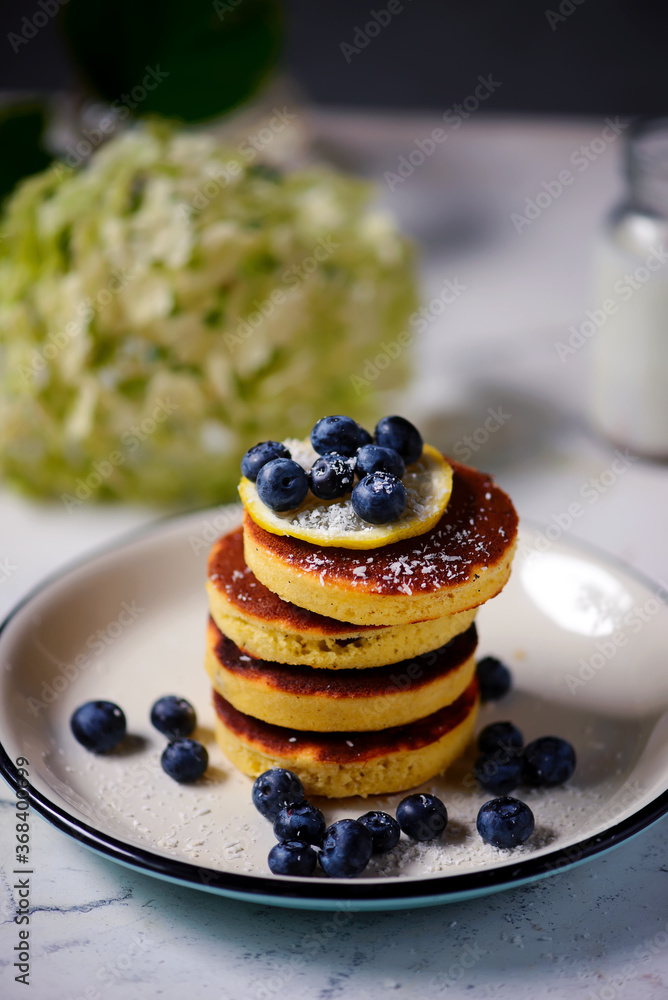 Pancakes with blueberry..style rustic .selective focus Pancakes with blueberry..style rustic .selective focus