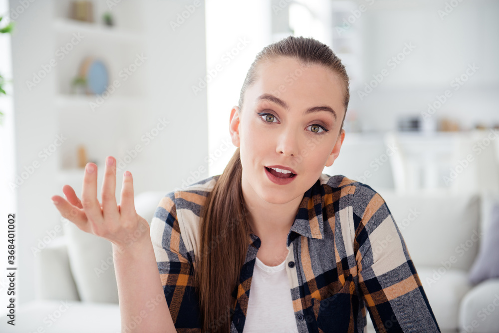 Closeup photo of young lady student talk meeting video call online lesson study concept webcam pass session test exam gesturing hands social distance quarantine stay home indoors Closeup photo of young lady student talk meeting video call online lesson study concept webcam pass session test exam gesturing hands social distance quarantine stay home indoors
