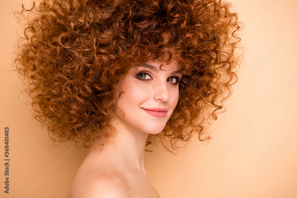 Close up side profile photo beautiful she her wear no clothes nude pretty lady dreamer ideal skin condition salon stylist curls perms roller curlers tint wellness isolated beige pastel background Close up side profile photo beautiful she her wear no clothes nude pretty lady dreamer ideal skin condition salon stylist curls perms roller curlers tint wellness isolated beige pastel background