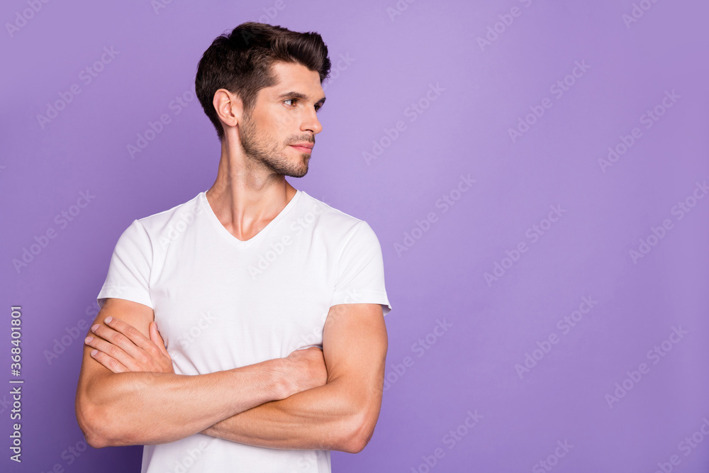 Portrait of his he nice attractive content serious well-groomed guy executive manager freelancer folded arms looking aside isolated over bright vivid shine vibrant lilac violet purple color background Portrait of his he nice attractive content serious well-groomed guy executive manager freelancer folded arms looking aside isolated over bright vivid shine vibrant lilac violet purple color background